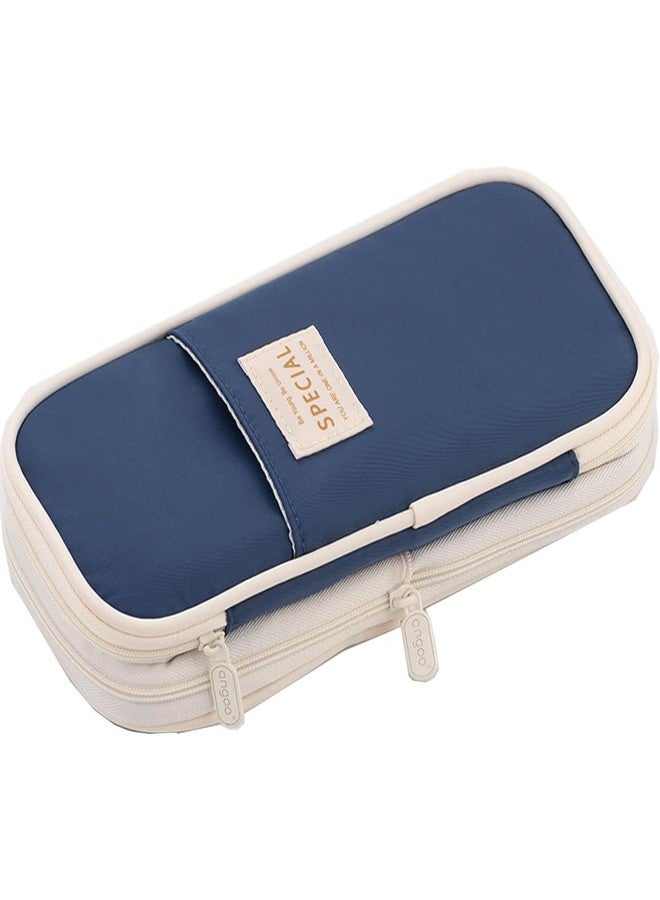 BESTOTTAM Large Capacity Pencil Case, Double Layer Polyester Storage Pouch, Navy Blue and Beige, 12x6x12 cm, Zipper Compartments for School and Office Supplies - Image 1