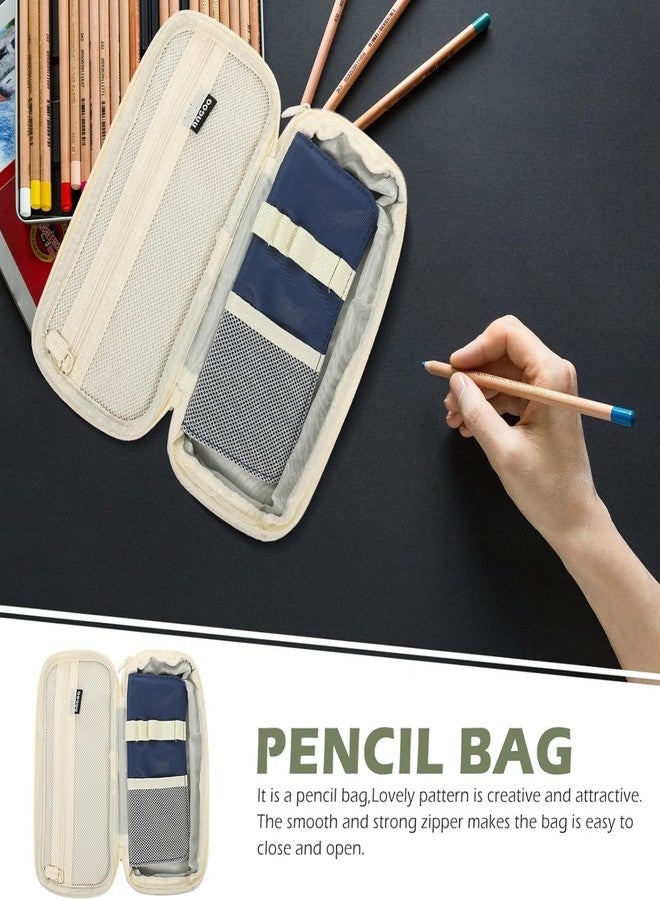 BESTOTTAM Large Capacity Pencil Case, Double Layer Polyester Storage Pouch, Navy Blue and Beige, 12x6x12 cm, Zipper Compartments for School and Office Supplies - Image 5
