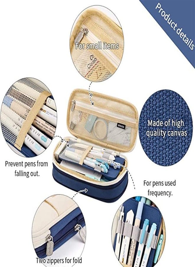 BESTOTTAM Large Capacity Pencil Case, Double Layer Polyester Storage Pouch, Navy Blue and Beige, 12x6x12 cm, Zipper Compartments for School and Office Supplies - Image 4