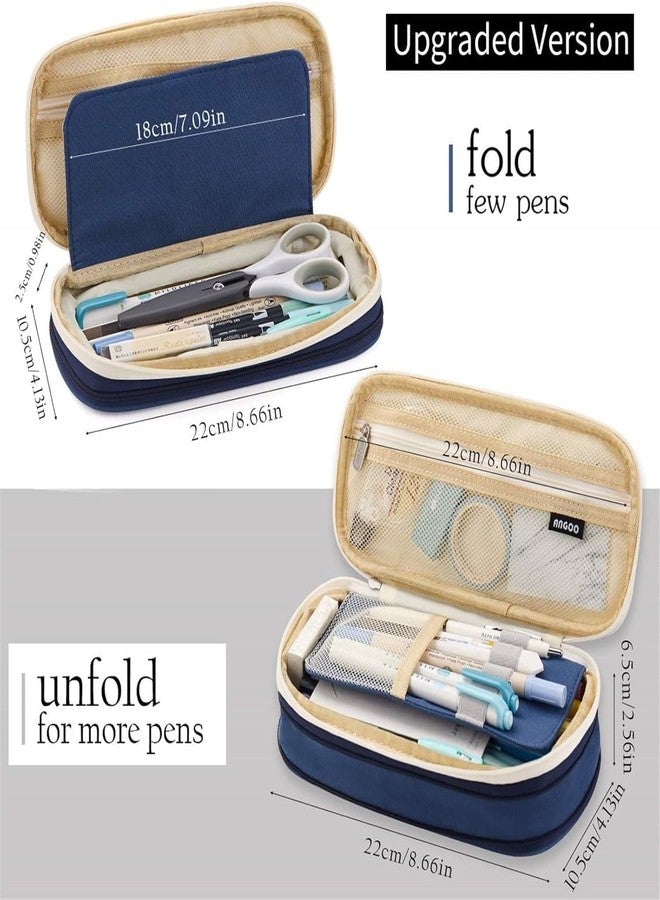 BESTOTTAM Large Capacity Pencil Case, Double Layer Polyester Storage Pouch, Navy Blue and Beige, 12x6x12 cm, Zipper Compartments for School and Office Supplies - Image 2