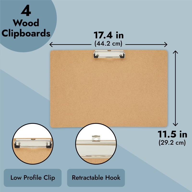 Juvale Clipboard - 11.5 x 17.4 in, Brown MDF, 4-Pack - Wood Clipboard Set with Low-Profile Metal Clip & Retractable Hook - Oversized & Portable for Drafting Board & Sketch Board Use - Image 3