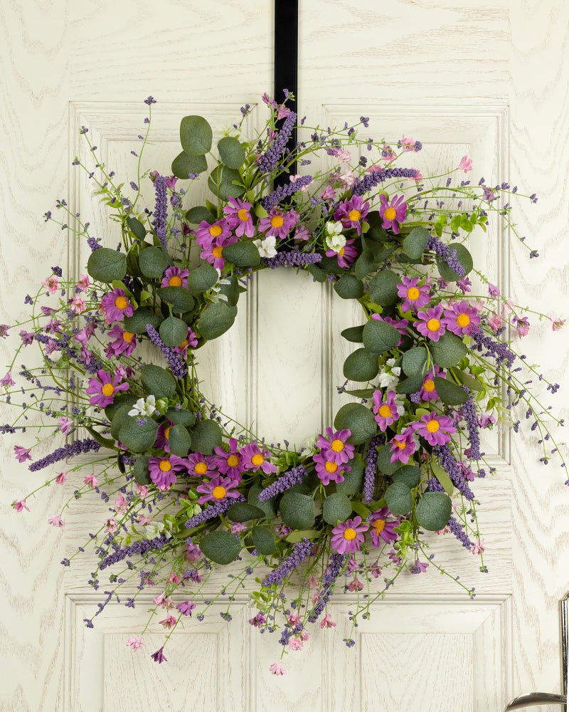 YUGALI 26'' Spring Flower Wreaths for Front Door Easter Artificial Green Eucalyptus Lavender Purple Daisies Wildflower Berries Iron Ring Base Handmade Floral Year Round Indoor Outdoor Porch - Image 1