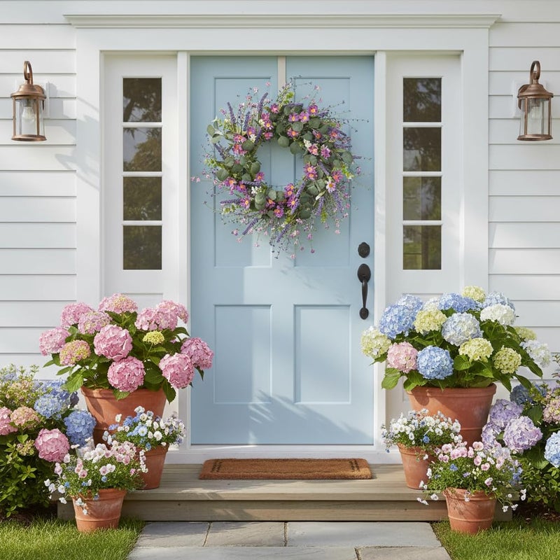 YUGALI 26'' Spring Flower Wreaths for Front Door Easter Artificial Green Eucalyptus Lavender Purple Daisies Wildflower Berries Iron Ring Base Handmade Floral Year Round Indoor Outdoor Porch - Image 2