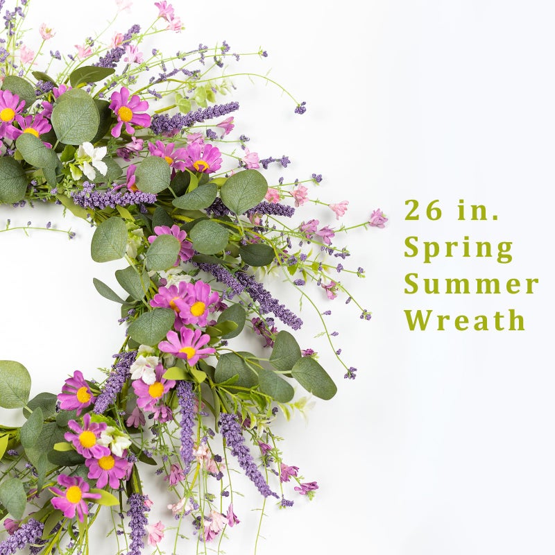 YUGALI 26'' Spring Flower Wreaths for Front Door Easter Artificial Green Eucalyptus Lavender Purple Daisies Wildflower Berries Iron Ring Base Handmade Floral Year Round Indoor Outdoor Porch - Image 5