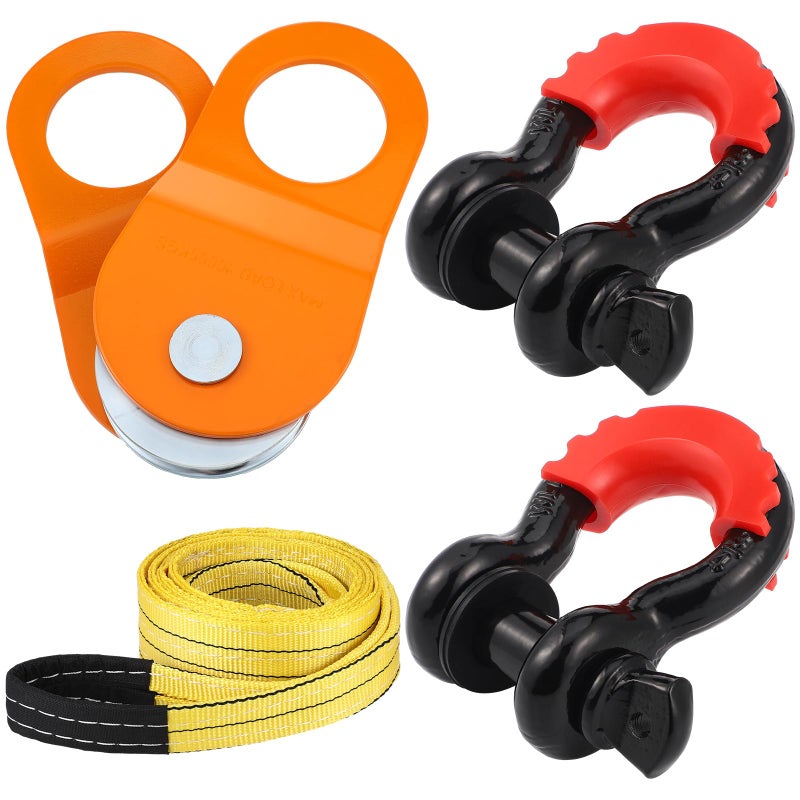 Datanly 4 Pcs Winch Recovery Kit 3 x 8 Tree Saver with Snatch Block and 2 Ring Shackles Recovery Strap Towing 10 Ton Heavy Winch Snatch Blocks Winch Pulley