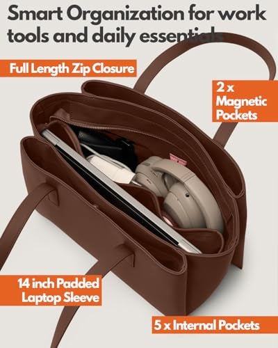 Apryl Work Tote Bags for Women 14 Inch - Work Bag Laptop Bag with Zip Compartments - Large PU Leather Office Purse Computer Briefcase - Chocolate Brown - Image 4