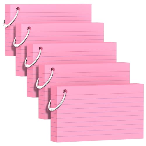 AILZFEI 250 Count Pink Index Cards 3x5 Inch with Key Ring, Color Flash Index Card (50 Sheets Each), Durable & Portable Note Taking for Students, Teachers, Study Note Cards for Office Home School - Image 1