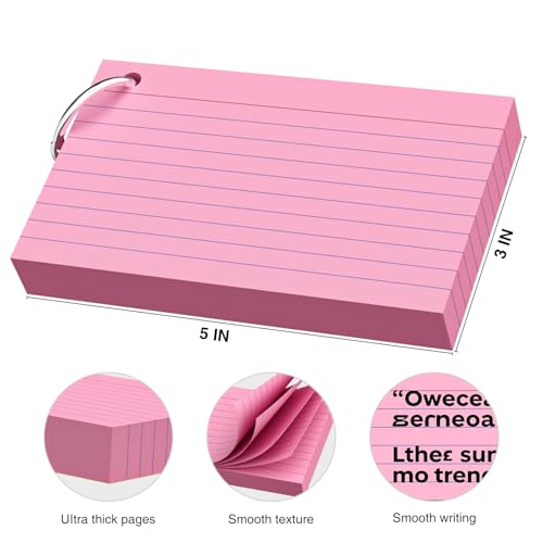 AILZFEI 250 Count Pink Index Cards 3x5 Inch with Key Ring, Color Flash Index Card (50 Sheets Each), Durable & Portable Note Taking for Students, Teachers, Study Note Cards for Office Home School - Image 2