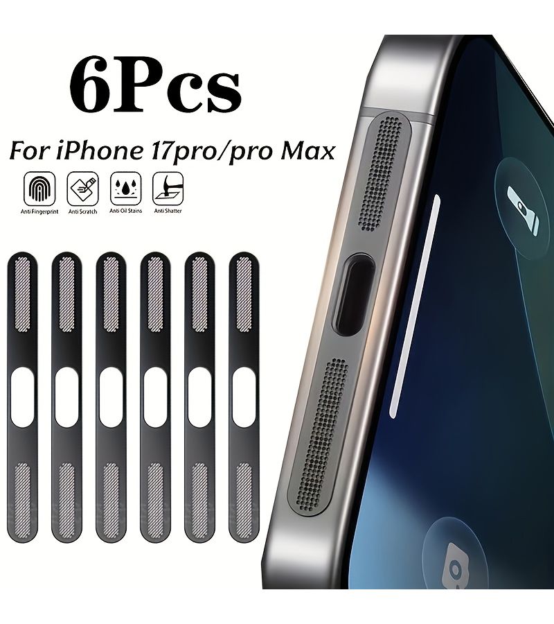 6 قطع ملصق شبكي أسود مضاد للغبار لسماعة ومنفذ شحن iPhone 17 Pro - Image 1
