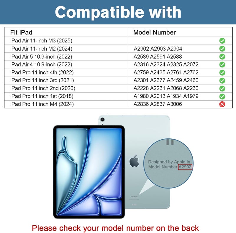 Procases For Ipad Air 11-Inch 7Th M3 2025/ 6Th M2 2024/ Air 5Th / 4Th Gen 10.9"/ Ipad Pro 11" 4Th/3Rd/2Nd/1St Gen, Heavy Duty Shockproof Cover With Hand Strap 360 Degree Rotatable Kickstand -Black - Image 2