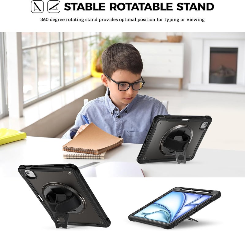 Procases For Ipad Air 11-Inch 7Th M3 2025/ 6Th M2 2024/ Air 5Th / 4Th Gen 10.9"/ Ipad Pro 11" 4Th/3Rd/2Nd/1St Gen, Heavy Duty Shockproof Cover With Hand Strap 360 Degree Rotatable Kickstand -Black - Image 4