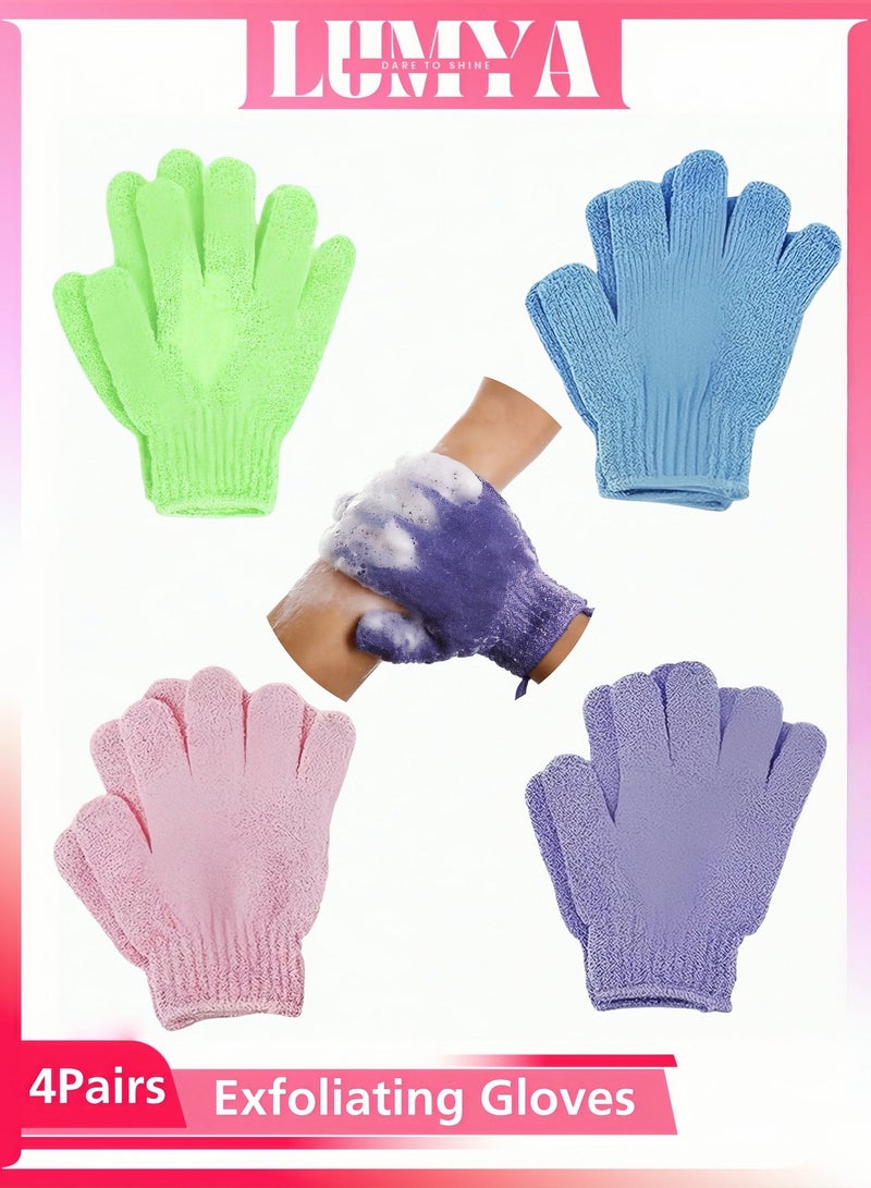 LUMYA 4Pairs Exfoliating Gloves, Body Scrub Gloves, Reusable Bath Gloves for Shower, Natural Loofah Exfoliating Wash Gloves for Body, Nylon Double Sided Deep Cleansing Dead Skin Remover, Premium Scrub Wash Mitt for Shower, Spa, Massage, Skin Exfoliator, Bathing Scrubber Exfoliation Mitt for Women Men Adults Kids (Multicolour) - Image 1