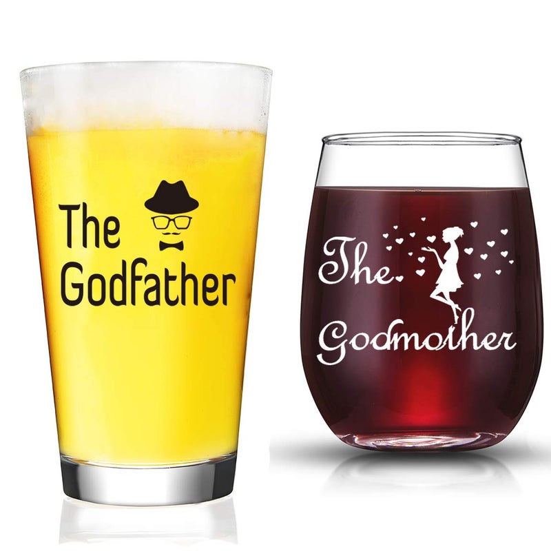 JERIO Godparents Proposal Gift Godparents Gifts Baptism Gift for Godparents from Godchild Godfather Beer Glass Godmother Stemless Wine GlassChristmas Gifts for Godparents