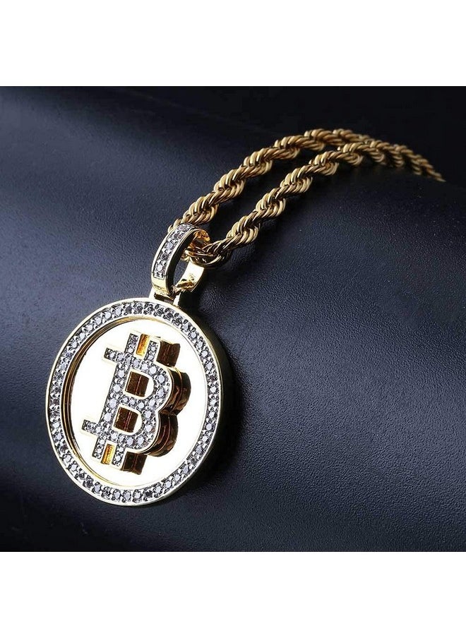 JAJAFOOK - Jewelry Fully Iced Out Cz Simulated 14K Gold Plated Bitcoin Cryptocurrency Pendants Necklaces For Men With 24Inch Stainless Steel Rope Chain - Image 1