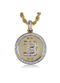 Jewelry Fully Iced Out Cz Simulated 14K Gold Plated Bitcoin Cryptocurrency Pendants Necklaces For Men With 24Inch Stainless Steel Rope Chain