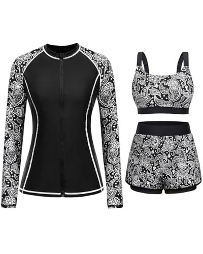 Daci Black Paisley 3 Piece Rash Guard for Women Long Sleeve Swimsuits with Shorts SPF Zip up Swim Shirt with Built in Bra L - Image 1
