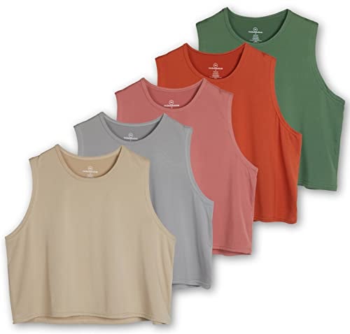 REALESSENTIALS Real Essentials 5 Pack: Women's Dry Fit Crop Summer Tank Top - Gym Yoga Workout Sports Tee (Available in Plus Size) Set 9, M - Image 1