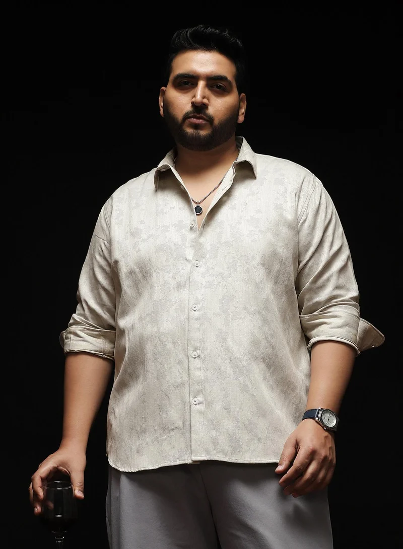 Instafab Plus Instafab Plus Men's Off-White Splash-Jacquard Shirt | Spread Collar , Long Cuffed Sleeves , Button Closure , Curved Hemline | Abstract Jacquard Cotton-Blend Material For Street & Casual Wear