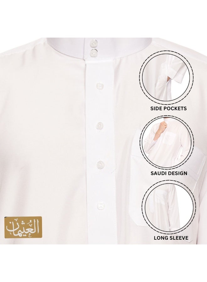 Men’s Traditional Saudi Thobe | Hand-Stitched Kandora Jubba | Premium Fabric | Band Collar with Open Placket | 3 Pockets