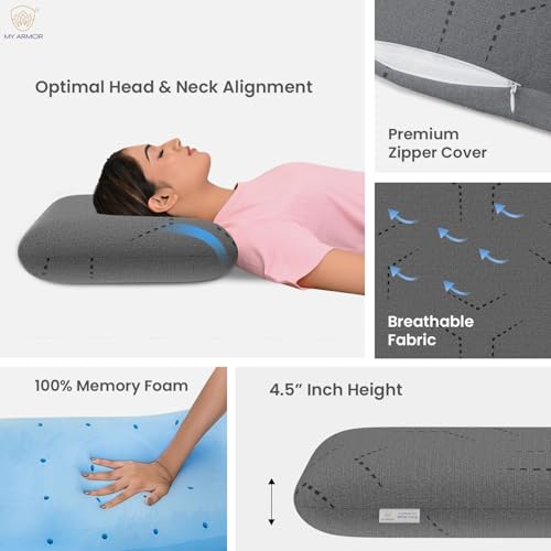 MY ARMOR Ventilated Cool Gel Memory Foam Pillow, Orthopedic Pillows for Neck Pain Relief, Queen Size - 4.5 Inch Thickness with Grey Colour Removable Pillow Cover - Pack of 1 - Image 3
