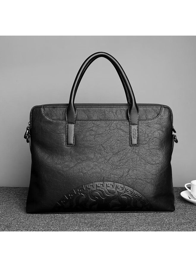 Cow Men's Briefcase Large Capacity Business Fashion Men's Handbag C-9898 Black 14 Inch - Image 1