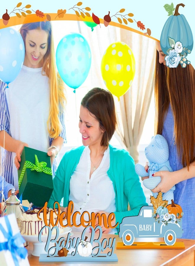 DoubleFill مجموعة دبل فيل المكونة من 6 قطع من زينة عيد الشكر لحفلات استقبال المولود الجديد، قطع مركزية خشبية على شكل يقطينة زرقاء، زينة طاولة من خشب القيقب للأولاد، زينة طاولة عيد الميلاد الأول للأولاد، حفلة الكشف عن جنس المولود - Image 4