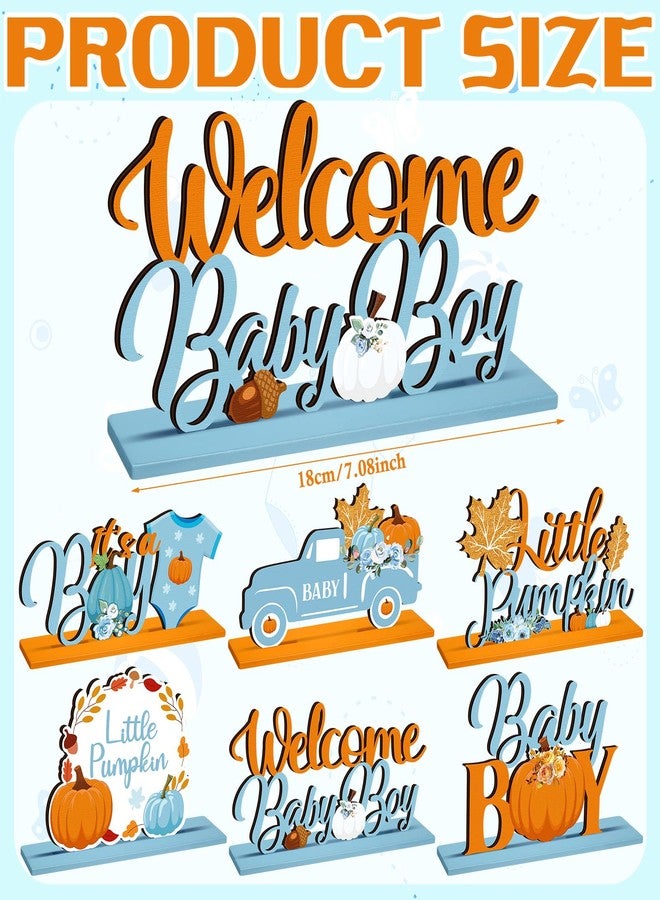 DoubleFill مجموعة دبل فيل المكونة من 6 قطع من زينة عيد الشكر لحفلات استقبال المولود الجديد، قطع مركزية خشبية على شكل يقطينة زرقاء، زينة طاولة من خشب القيقب للأولاد، زينة طاولة عيد الميلاد الأول للأولاد، حفلة الكشف عن جنس المولود - Image 2