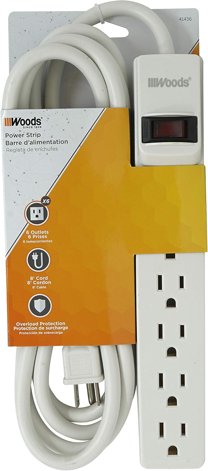 Woods 41436 Power Strip with 6 Outlets and Overload Safety Switch 8 Foot Cord White