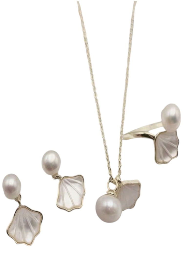 YUCCA Natural Shell Beads Necklace Ring Earrings Set for Women, Perfect Gift, New Fashion Shoulder Bone Clasp Clef Chain  - Image 1