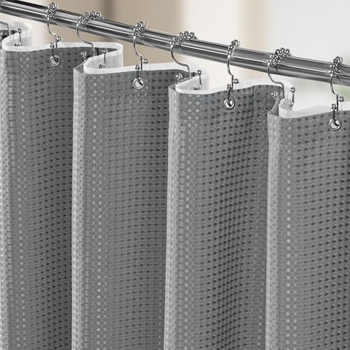 Vipfree 3 in 1 Shower Curtain Set, Waffle Shower Curtain and Liner Set with 12 Double Sided Shower Curtain Hooks, 258GSM Luxury Weighted Cloth Shower Curtains for Bathroom, 72 W x 72 H, Grey - Image 1