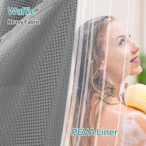 Vipfree 3 in 1 Shower Curtain Set, Waffle Shower Curtain and Liner Set with 12 Double Sided Shower Curtain Hooks, 258GSM Luxury Weighted Cloth Shower Curtains for Bathroom, 72 W x 72 H, Grey - Image 3