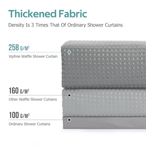 Vipfree 3 in 1 Shower Curtain Set, Waffle Shower Curtain and Liner Set with 12 Double Sided Shower Curtain Hooks, 258GSM Luxury Weighted Cloth Shower Curtains for Bathroom, 72 W x 72 H, Grey - Image 4