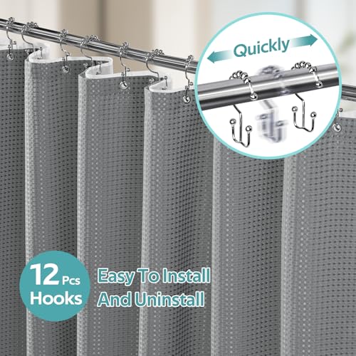 Vipfree 3 in 1 Shower Curtain Set, Waffle Shower Curtain and Liner Set with 12 Double Sided Shower Curtain Hooks, 258GSM Luxury Weighted Cloth Shower Curtains for Bathroom, 72 W x 72 H, Grey - Image 2