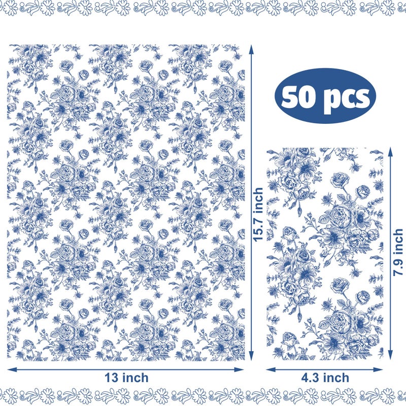 peony man 50 Pack Blue Floral Paper Napkins Blue Flower Guest Napkin Disposable 3 Ply Decorative Floral Hand Towels Dinner Napkins for Bridal Shower Baby Shower Wedding Birthday Dinner Party Supplies - Image 2