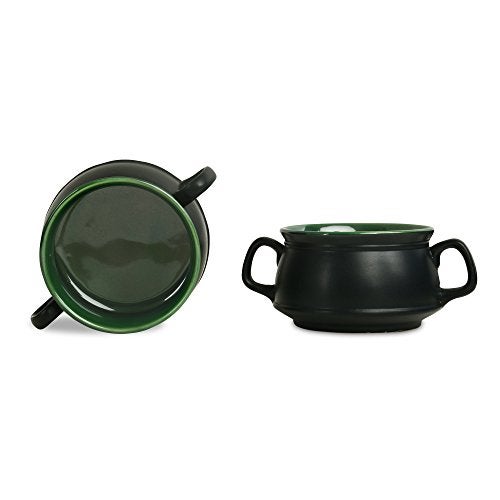 Caffeine Ceramic Handmade Green & Black Double Handle Soup Bowl with Spoon Set of 6 - Image 3