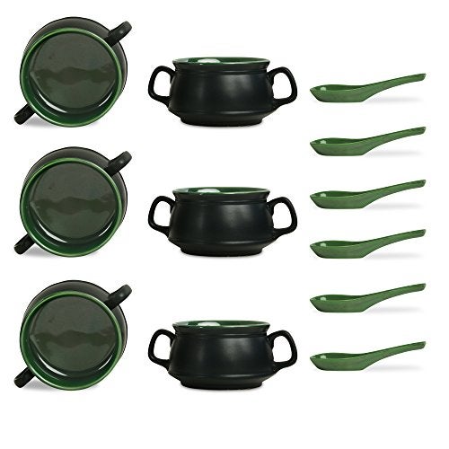 Caffeine Ceramic Handmade Green & Black Double Handle Soup Bowl with Spoon Set of 6 - Image 1