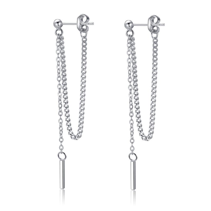 SLUYNZ Solid 925 Sterling Silver Bar Dangle Earrings for Women Minimalist Dangle Earrings Threader Chain (A-Silver) - Image 1