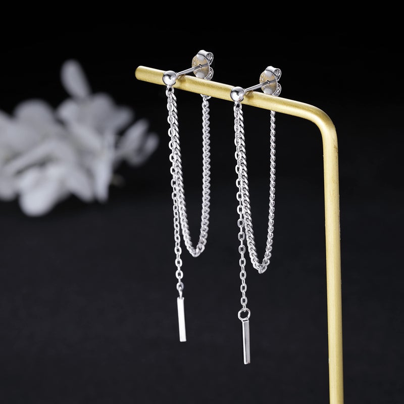 SLUYNZ Solid 925 Sterling Silver Bar Dangle Earrings for Women Minimalist Dangle Earrings Threader Chain (A-Silver) - Image 5