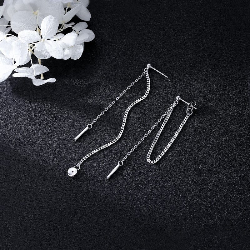 SLUYNZ Solid 925 Sterling Silver Bar Dangle Earrings for Women Minimalist Dangle Earrings Threader Chain (A-Silver) - Image 3