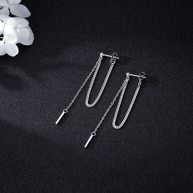 SLUYNZ Solid 925 Sterling Silver Bar Dangle Earrings for Women Minimalist Dangle Earrings Threader Chain (A-Silver) - Image 4