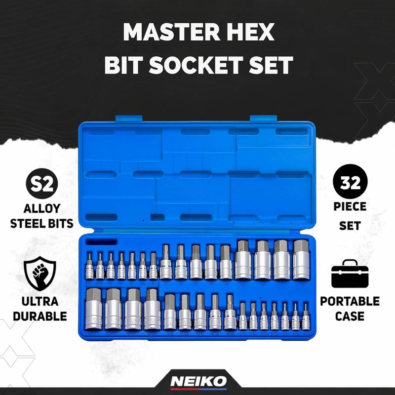 Neiko 10288A Allen Hex Bit Socket Set, 32 Piece SAE and Metric Allen Socket Set, Allen Head Hex Key Socket Set Made with S2 Steel - Image 2