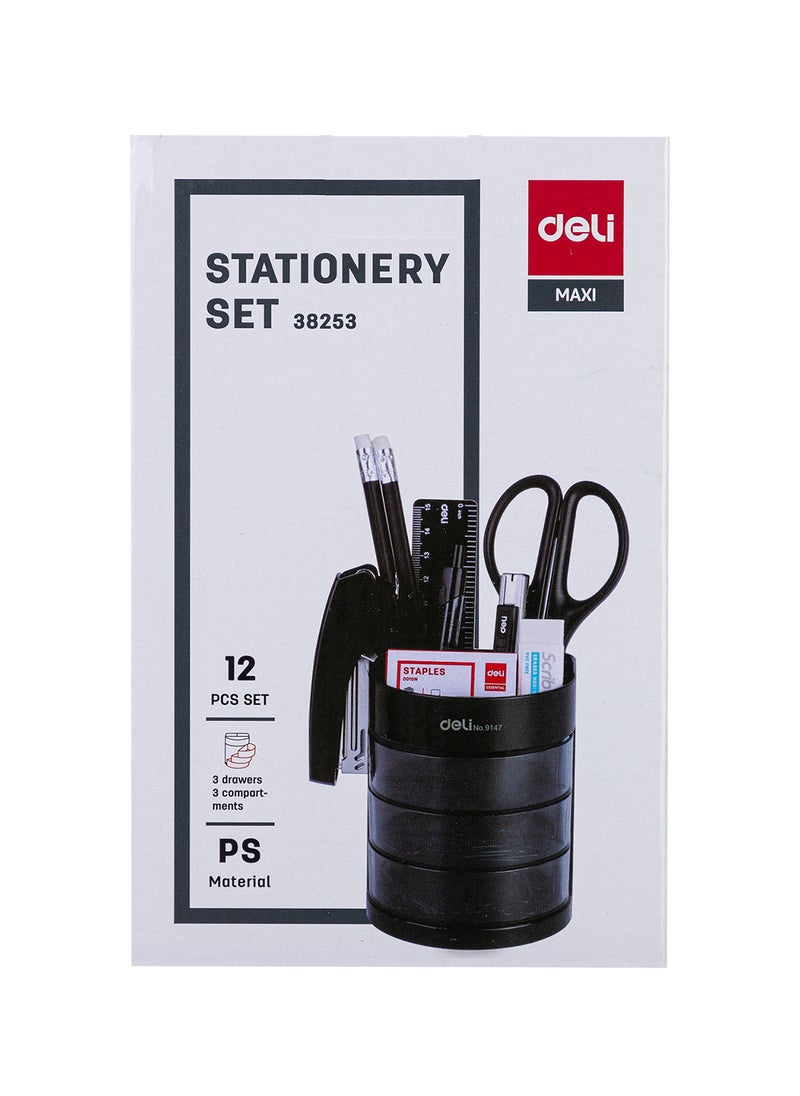 Deli Multi Functional Desktop Stationery Set Combo with Stand 12 PCS , for office , School , Home , Black  - Image 1