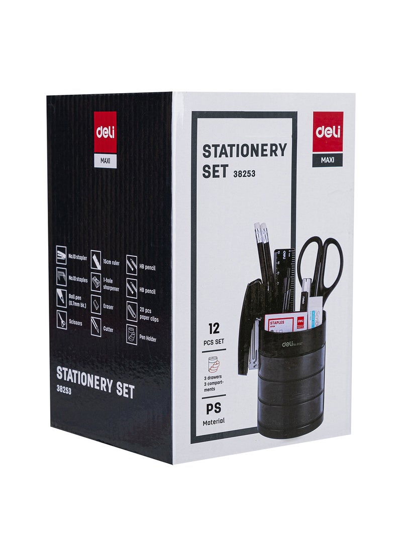 Deli Multi Functional Desktop Stationery Set Combo with Stand 12 PCS , for office , School , Home , Black  - Image 3