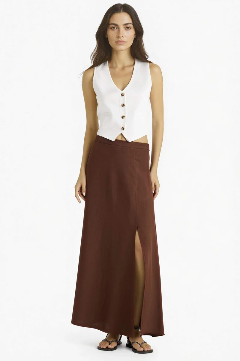 ديفاكتو A Cut Linen Blended Normal Waist Maxi Skirt