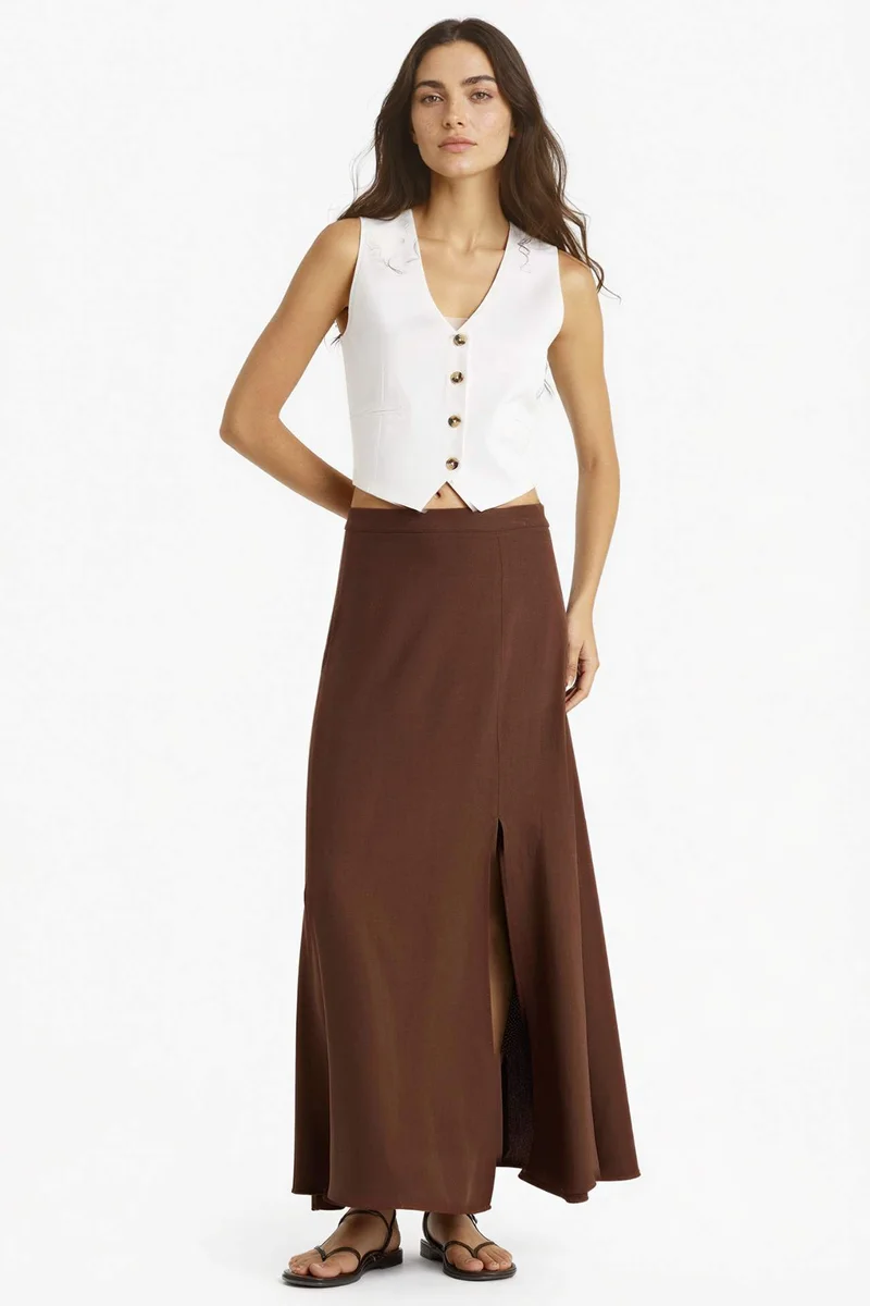 ديفاكتو A Cut Linen Blended Normal Waist Maxi Skirt
