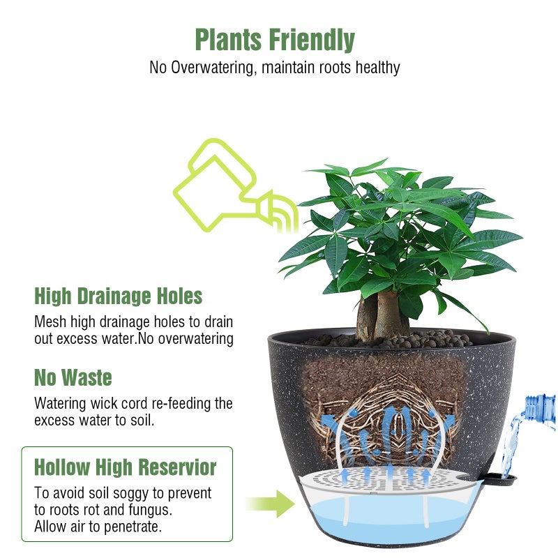 UOUZ 12inch 2Pack Large Self Watering Planters, Plastic Plant Pots with 60oZ Removable Deep Reservoir and Multi Mesh Drainage Holes for Indoor Outdoor Garden Plants and Flowers, Black Speckles - Image 3
