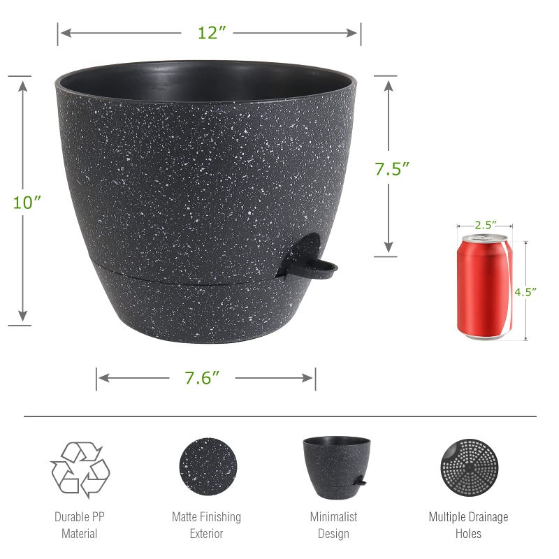 UOUZ 12inch 2Pack Large Self Watering Planters, Plastic Plant Pots with 60oZ Removable Deep Reservoir and Multi Mesh Drainage Holes for Indoor Outdoor Garden Plants and Flowers, Black Speckles - Image 2