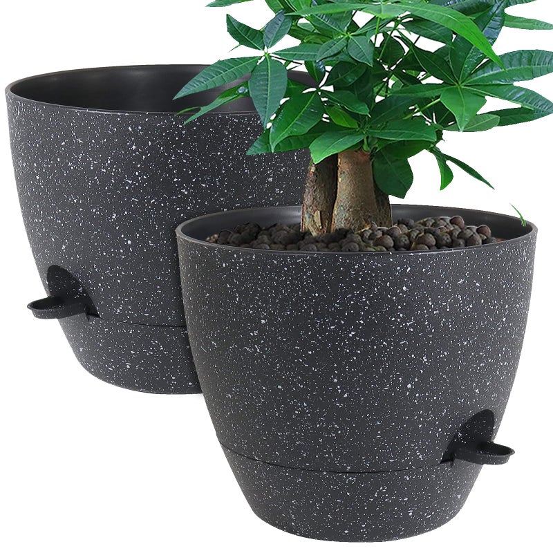 UOUZ 12inch 2Pack Large Self Watering Planters, Plastic Plant Pots with 60oZ Removable Deep Reservoir and Multi Mesh Drainage Holes for Indoor Outdoor Garden Plants and Flowers, Black Speckles - Image 1