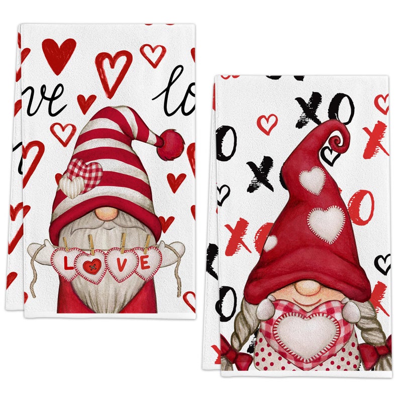 Futbu Valentines Day Kitchen Towels  Valentines Kitchen Decor Dish Tea Towels 16 X23.5  Sets Of 2  Red Valentine Day Gnomes Decorations For Home Kitchen Towels Housewarming Gifts Bathroom - Image 1