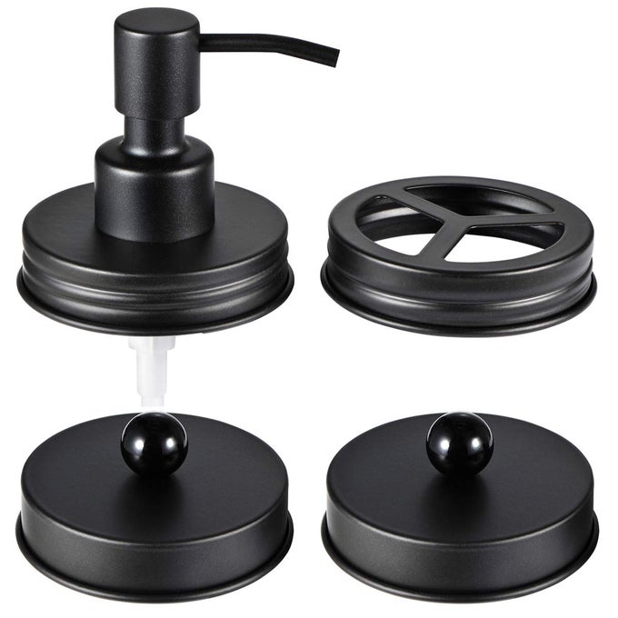MASON JAR BATHROOM ACCESSORIES LIDS SET4PCS JARS NOT INCLUDED SOAP DISPENSERTOOTHBRUSH HOLDER APOTHECARY JARS LIDS FOR REGULAR MOUTH MASON JARS RUSTPROOF STAINLESS STEELBLACK